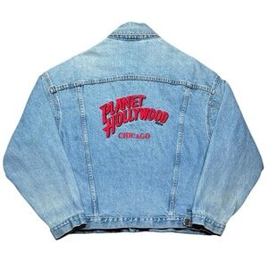 Vintage 90s Planet Hollywood Chicago Embroidered Denim Jean Jacket Blue